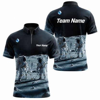 Astronaut Moon Golf Scene Custom Golf Polo Shirt Jersey Zip 1 4 Collar