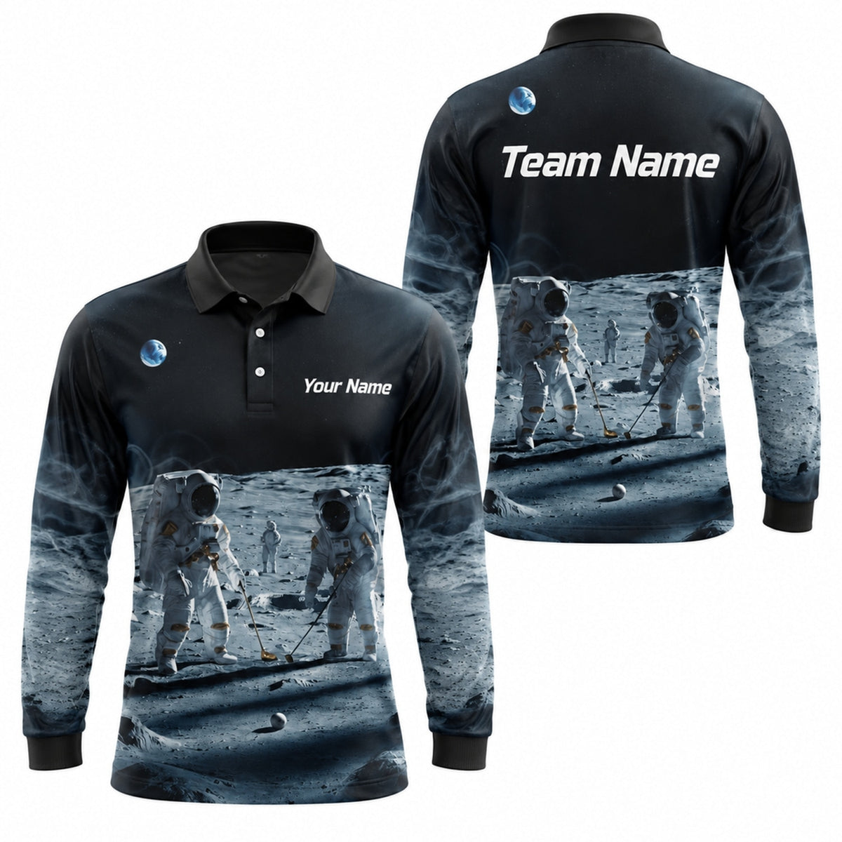 Astronaut Moon Golf Scene Custom Golf Polo Shirt Long Sleeve Polo