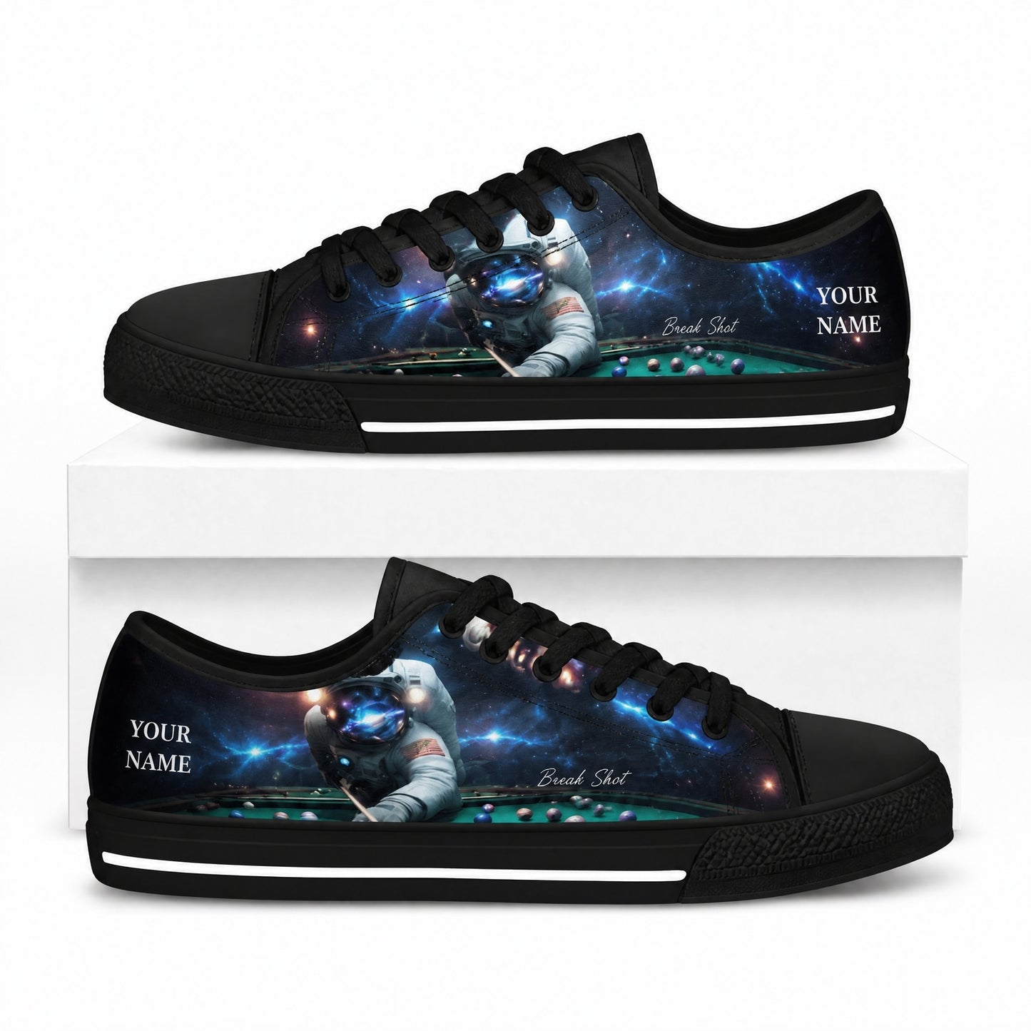 Astronaut Playing Pool Graphic Custom Low Top Shoes Box Black