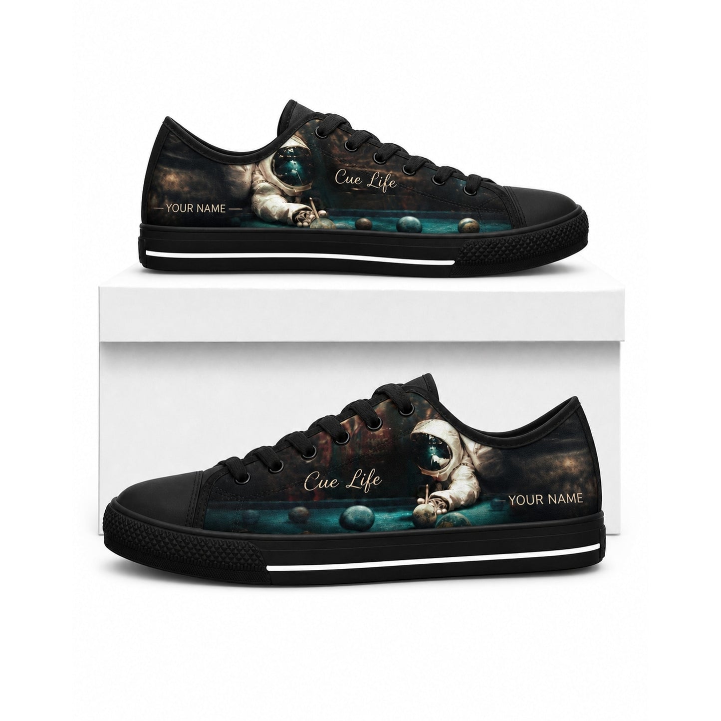 Astronaut Playing Pool Graphic Personalized Low Top Shoes Box Black