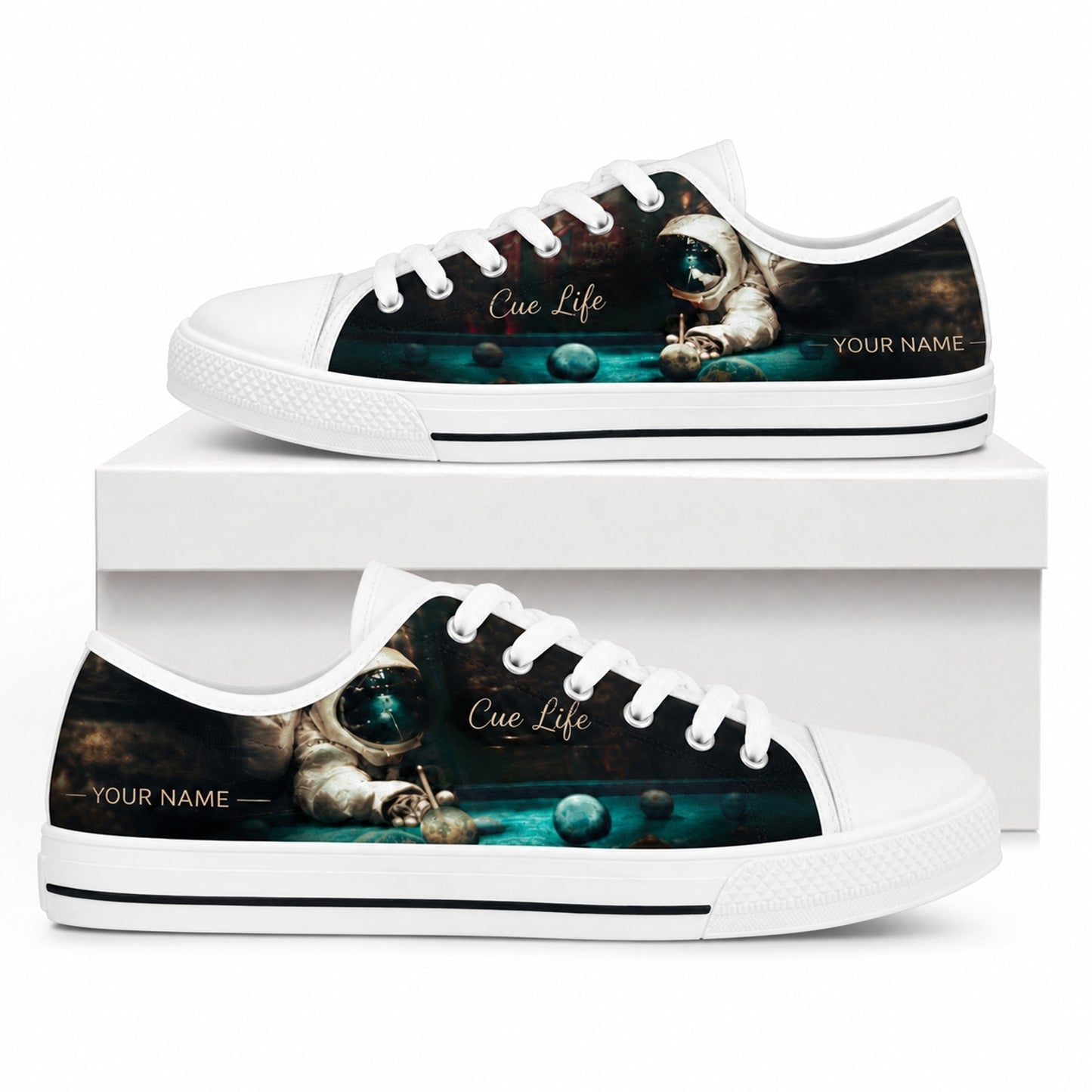 Astronaut Playing Pool Graphic Personalized Low Top Shoes Box White