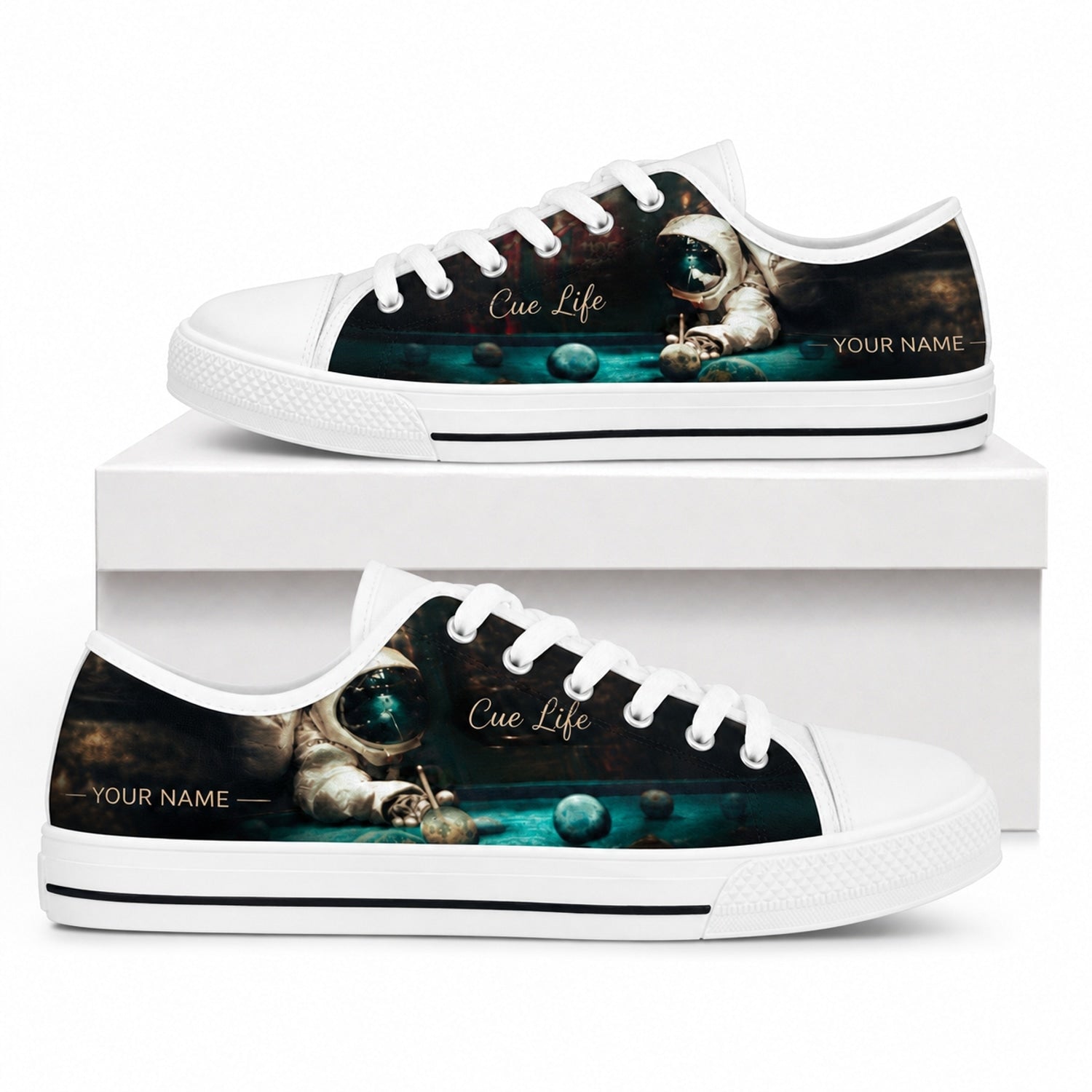 Astronaut Playing Pool Graphic Personalized Low Top Shoes Box White