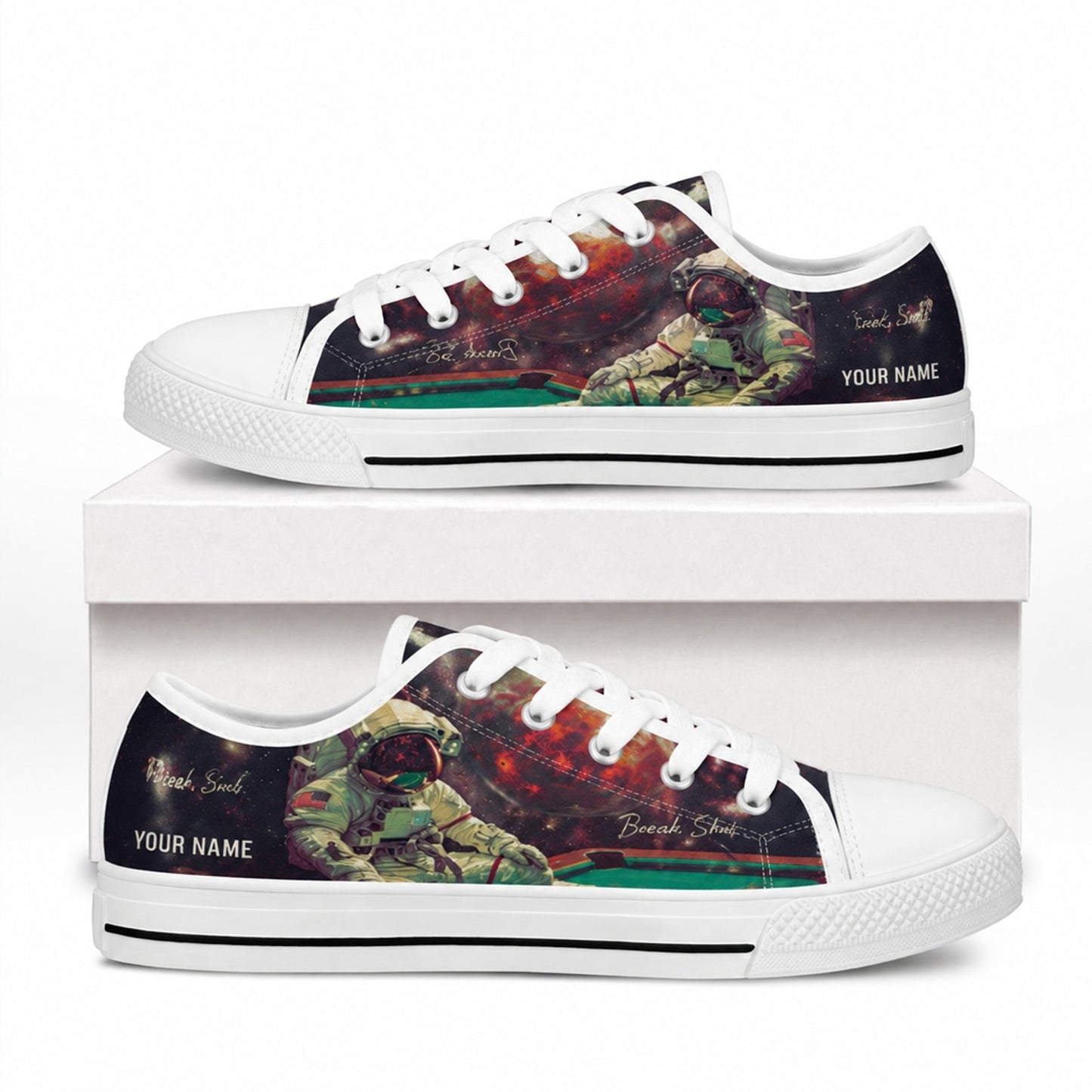 Astronaut Pool Player Artistic Custom Low Top Shoes Box White