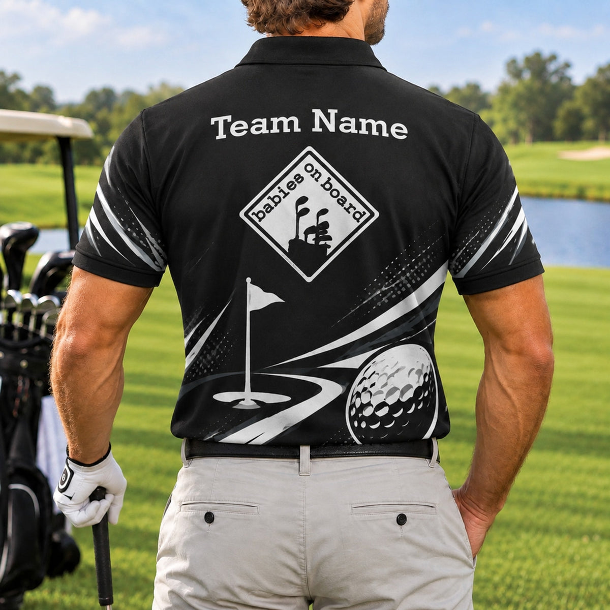 Babies On Board Golf Humor Personalized Golf Polo Shirt Back View