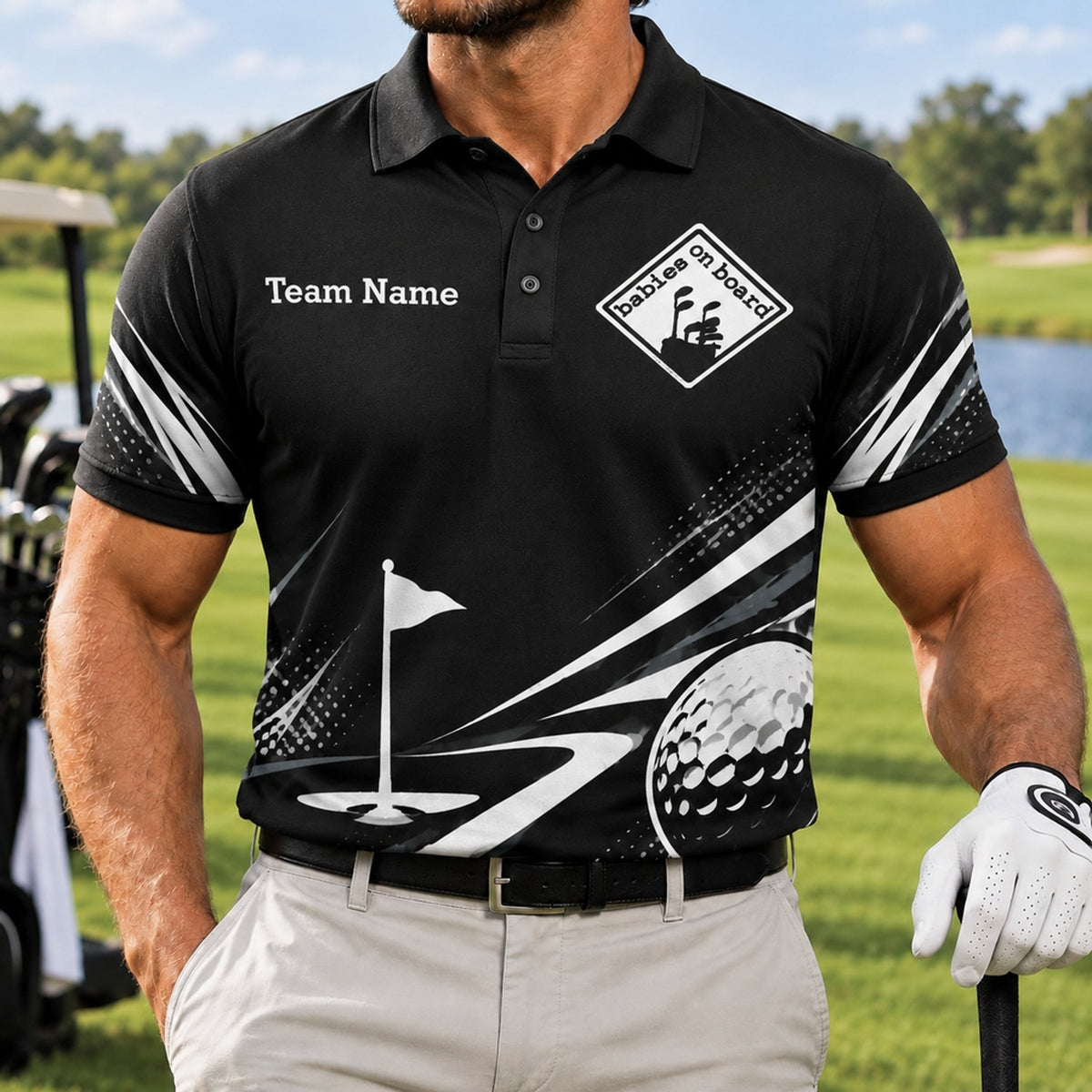 Babies On Board Golf Humor Personalized Golf Polo Shirt Front View