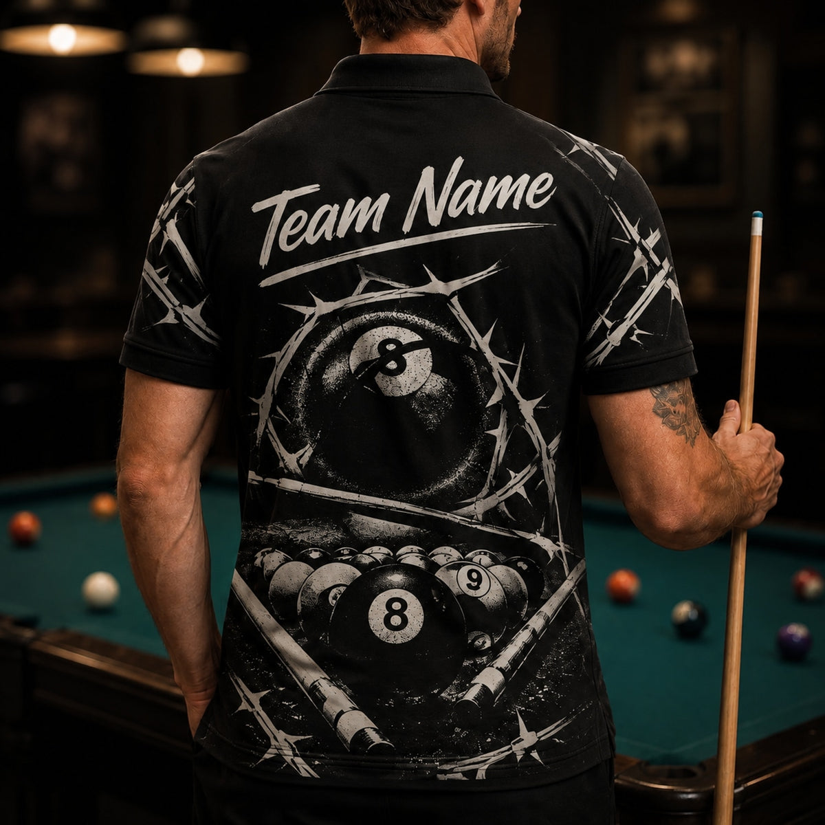 Barbed 8 Ball Billiards Graphic Personalized Billiard Polo Shirt Back View