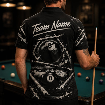 Barbed 8 Ball Billiards Graphic Personalized Billiard Polo Shirt Back View
