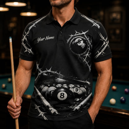 Barbed 8 Ball Billiards Graphic Personalized Billiard Polo Shirt Front View