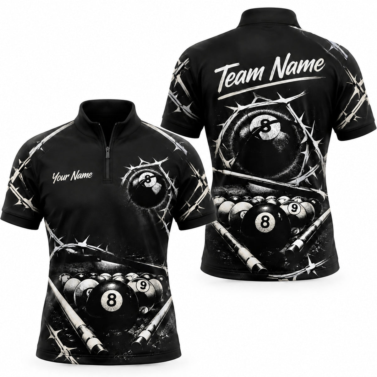 Barbed 8 Ball Billiards Graphic Personalized Billiard Polo Shirt Jersey Zip 1 4 Collar