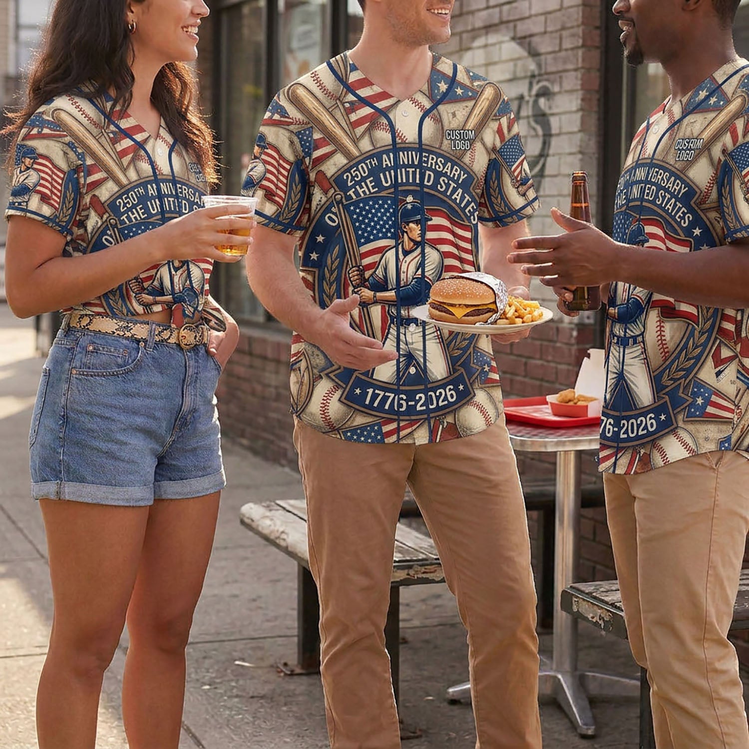 Three people wearing 250th anniversary baseball legend jerseys in an outdoor setting