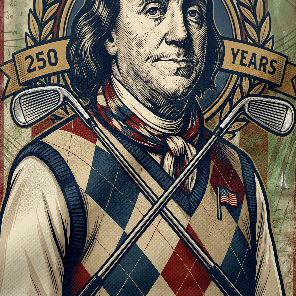Closeup of Benjamin Franklin portrait and vintage golf tournament print