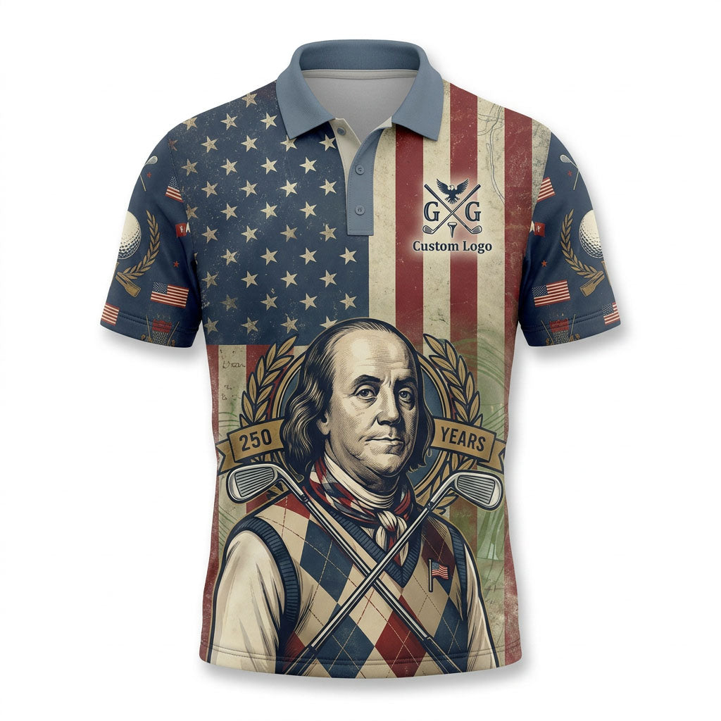 Premium flatlay layout of the commemorative 1776-2026 Benjamin Franklin golf polo