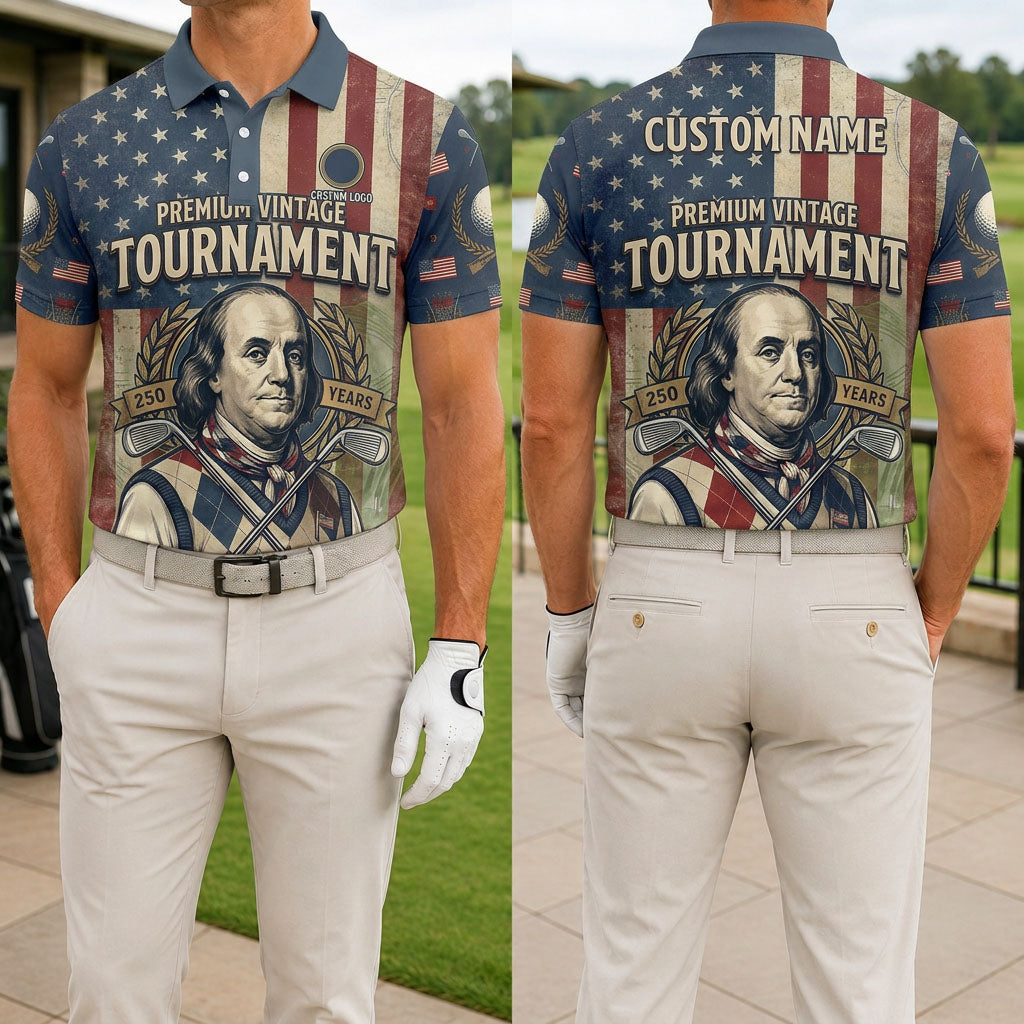 Front and back view of the Benjamin Franklin 250th anniversary custom golf polo shirt