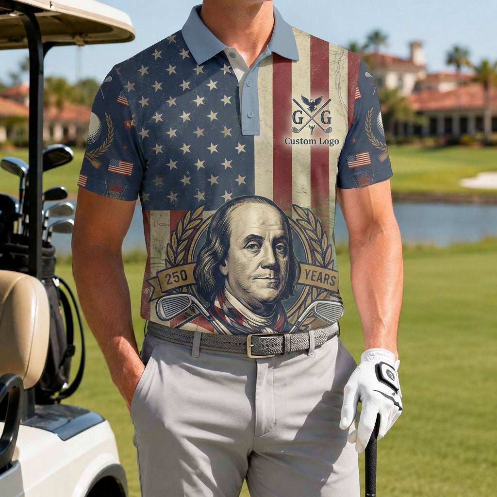 Golfer wearing the Benjamin Franklin 250th anniversary performance polo on a golf course