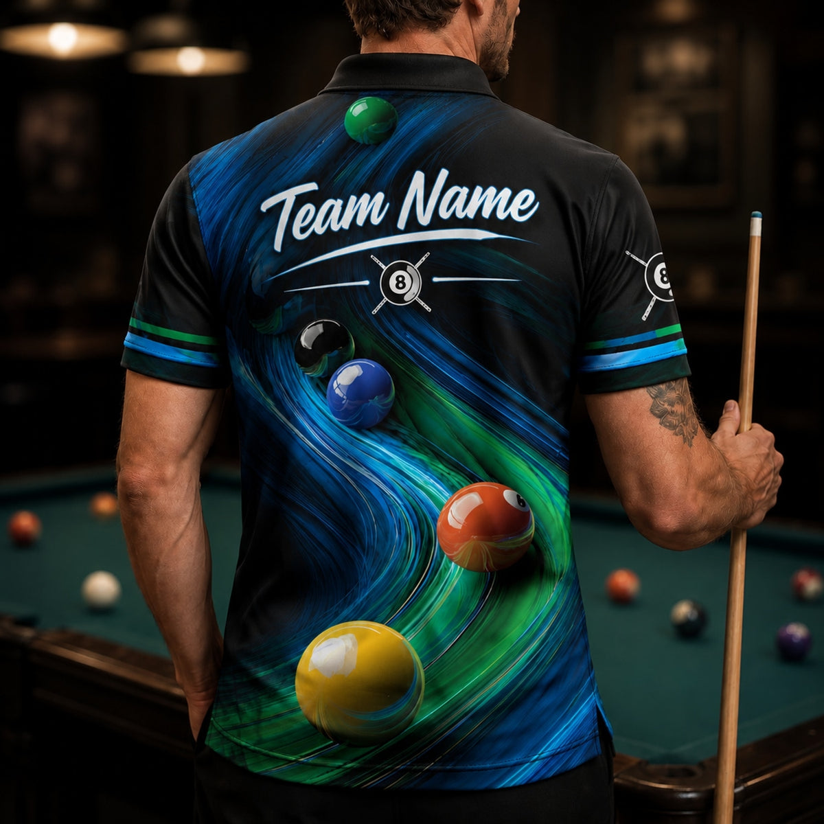 Billiard Balls Abstract Flow Custom Billiard Polo Shirt Back View