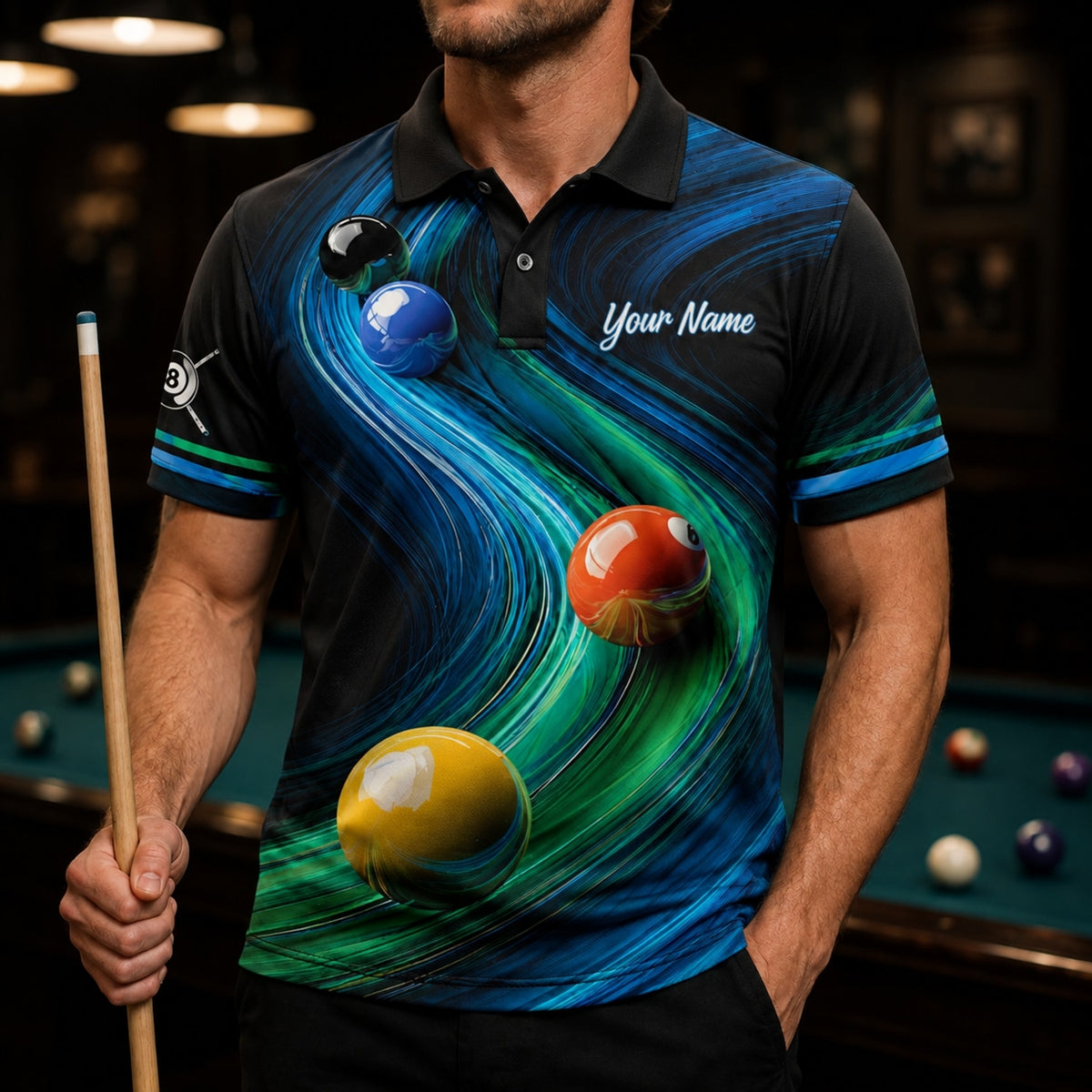 Billiard Balls Abstract Flow Custom Billiard Polo Shirt Front View