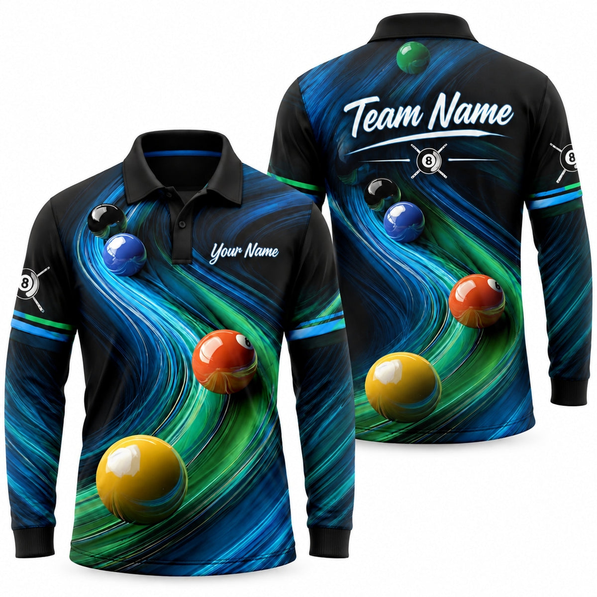 Billiard Balls Abstract Flow Custom Billiard Polo Shirt Long Sleeve Polo