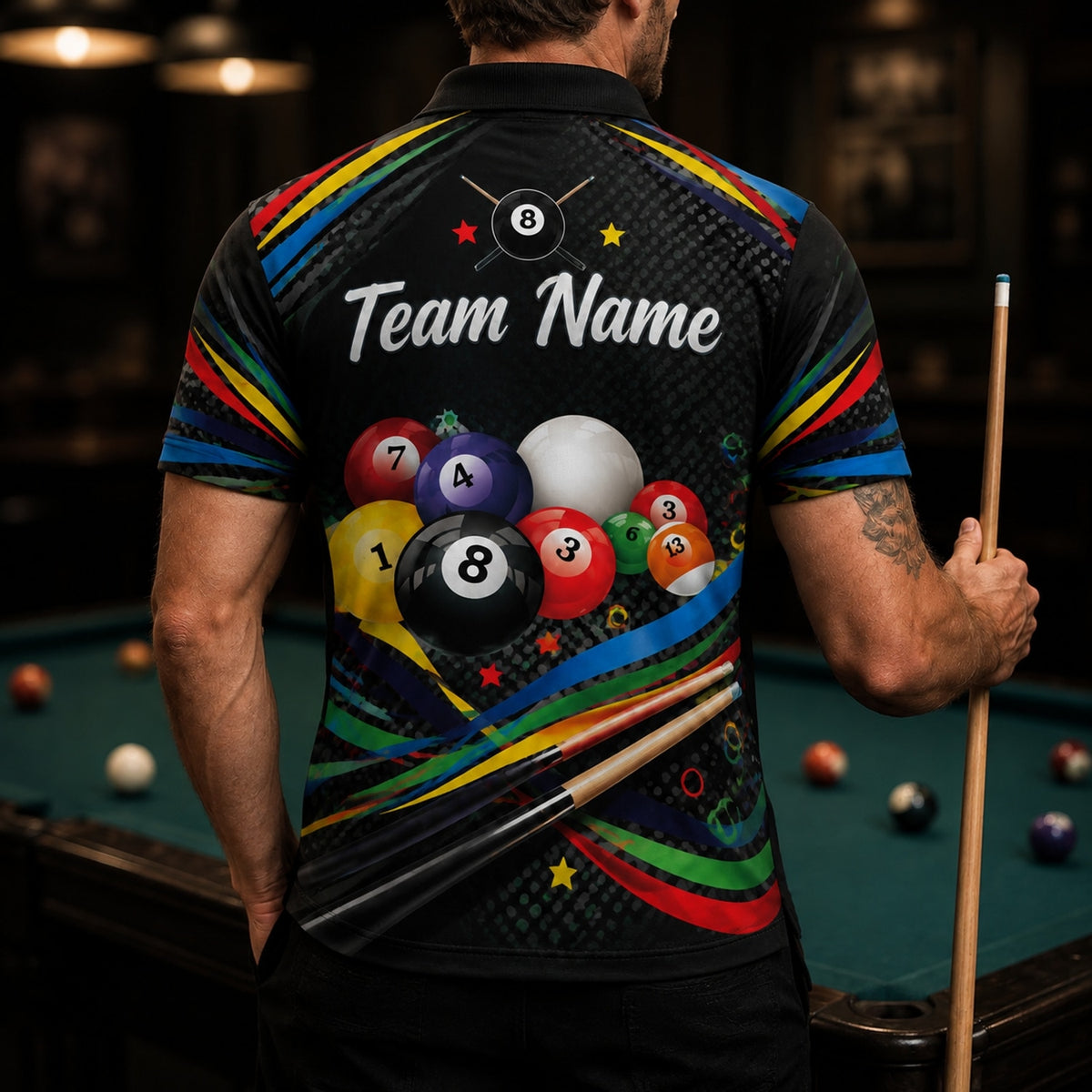 Billiard Balls And Cue Sport Personalized Billiard Polo Shirt Back View