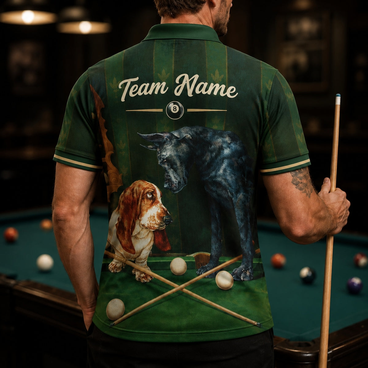 Billiard Dogs Graphic Personalized Billiard Polo Shirt Back View