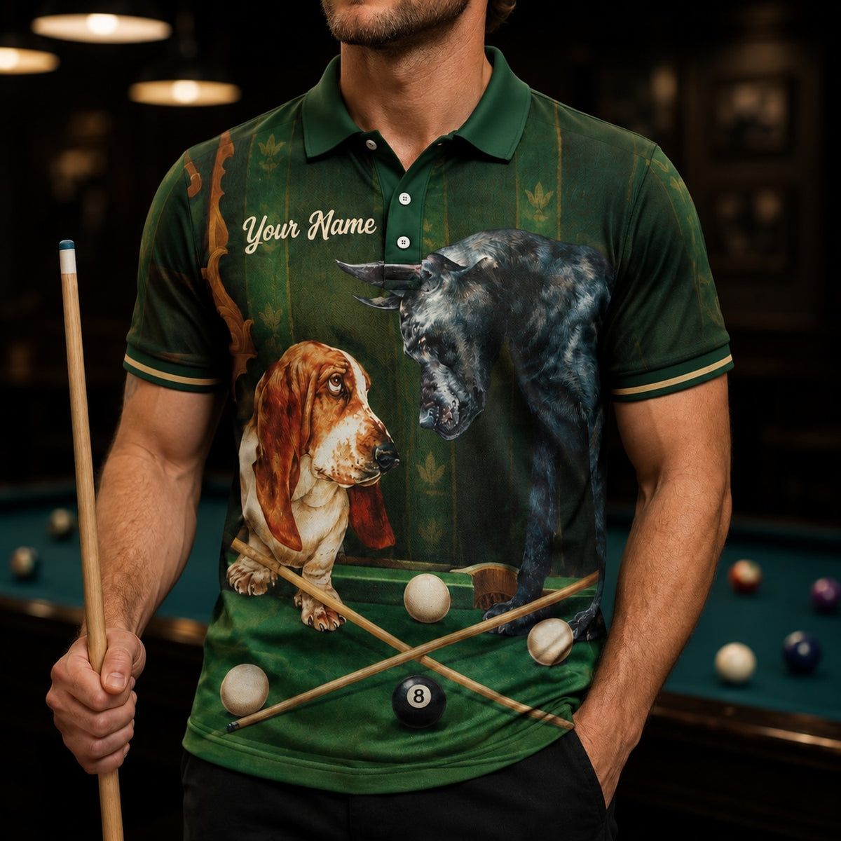Billiard Dogs Graphic Personalized Billiard Polo Shirt Front View