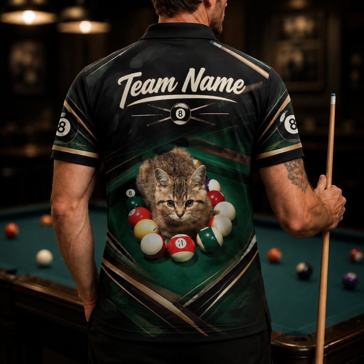 Billiards Cat Graphic Custom Billiard Polo Shirt Back View