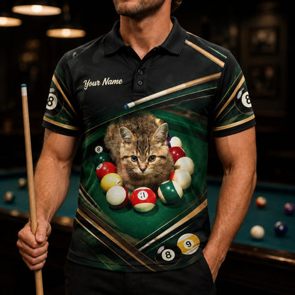 Billiards Cat Graphic Custom Billiard Polo Shirt Front View