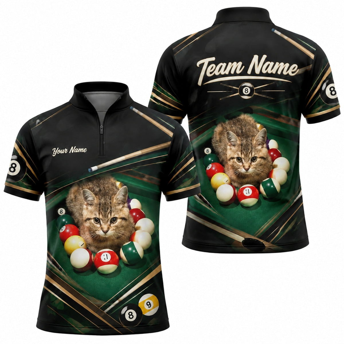 Billiards Cat Graphic Custom Billiard Polo Shirt Jersey Zip 1 4 Collar