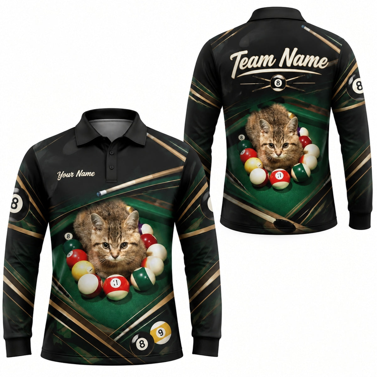 Billiards Cat Graphic Custom Billiard Polo Shirt Long Sleeve Polo
