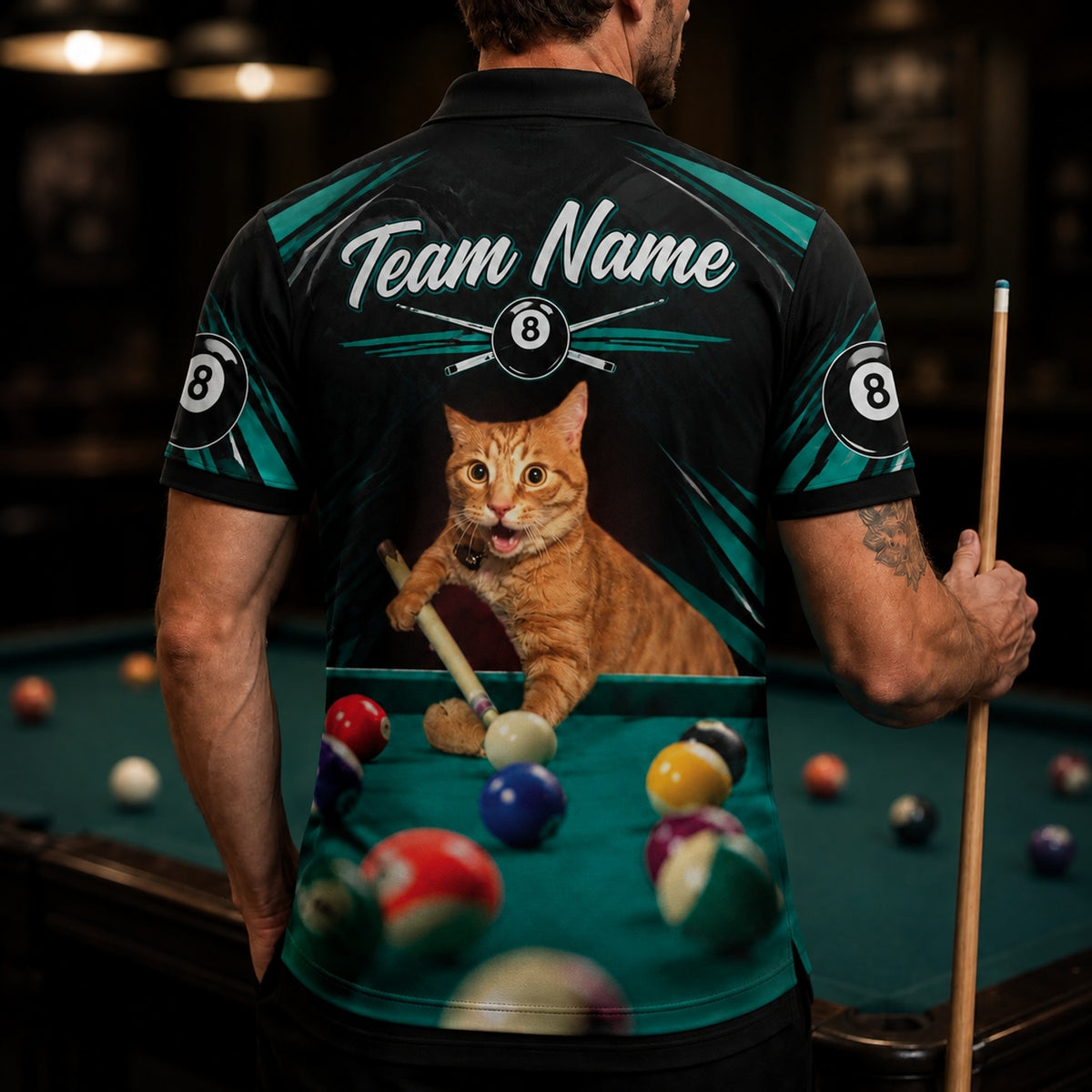 Billiards Cat Player Graphic Personalized Billiard Polo Shirt Back View