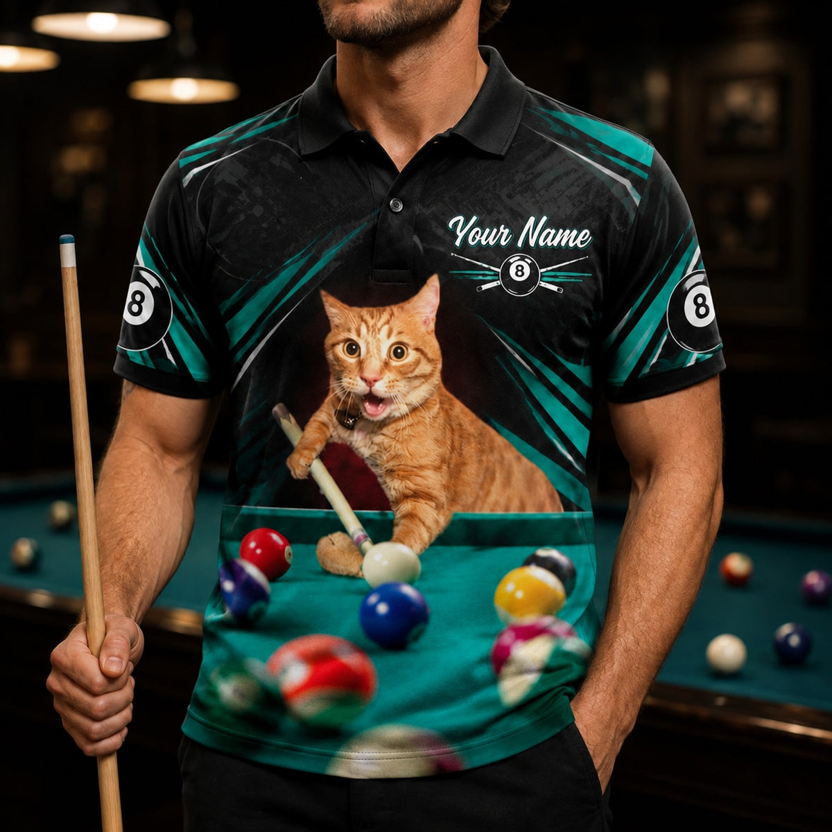 Billiards Cat Player Graphic Personalized Billiard Polo Shirt Front View