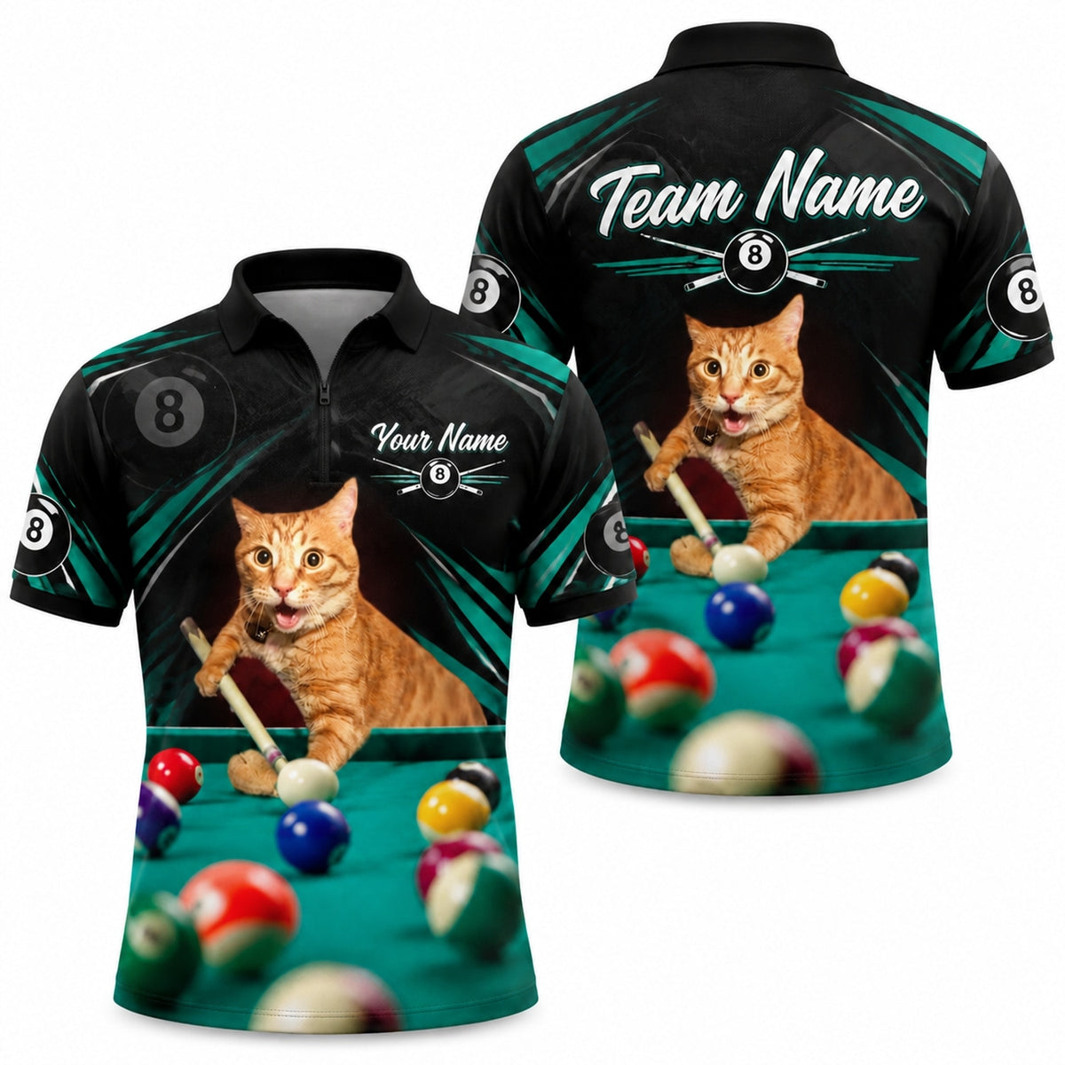 Billiards Cat Player Graphic Personalized Billiard Polo Shirt Jersey Zip 1 4 Collar