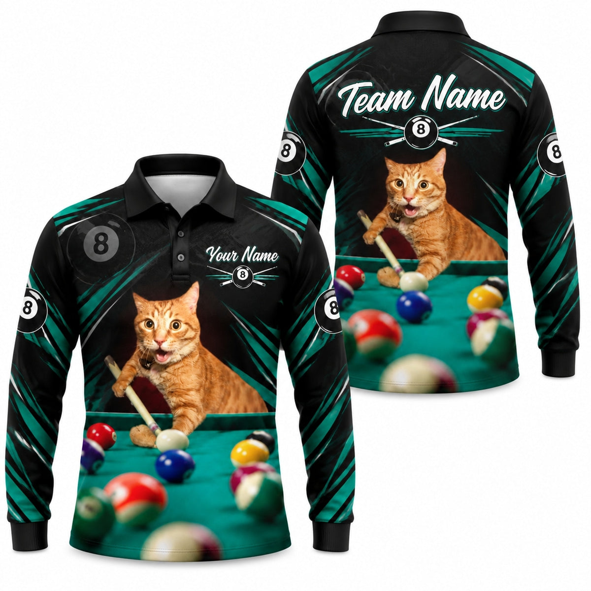 Billiards Cat Player Graphic Personalized Billiard Polo Shirt Long Sleeve Polo