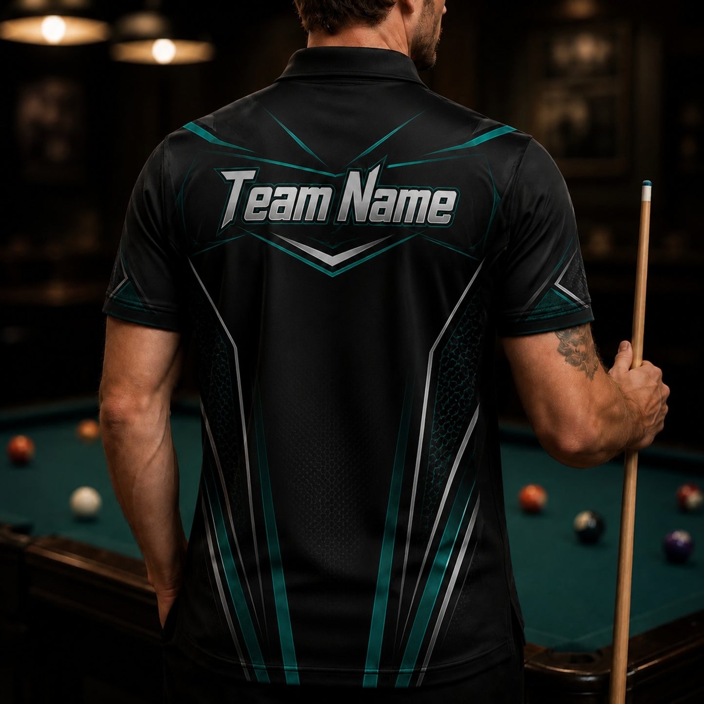 Billiards Cue 8 Ball Graphic Custom Billiard Polo Shirt Back View