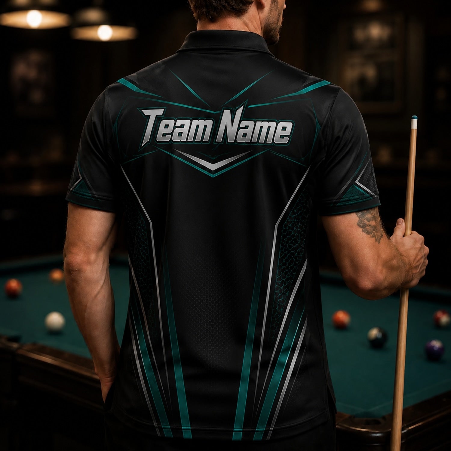 Billiards Cue 8 Ball Graphic Custom Billiard Polo Shirt Back View