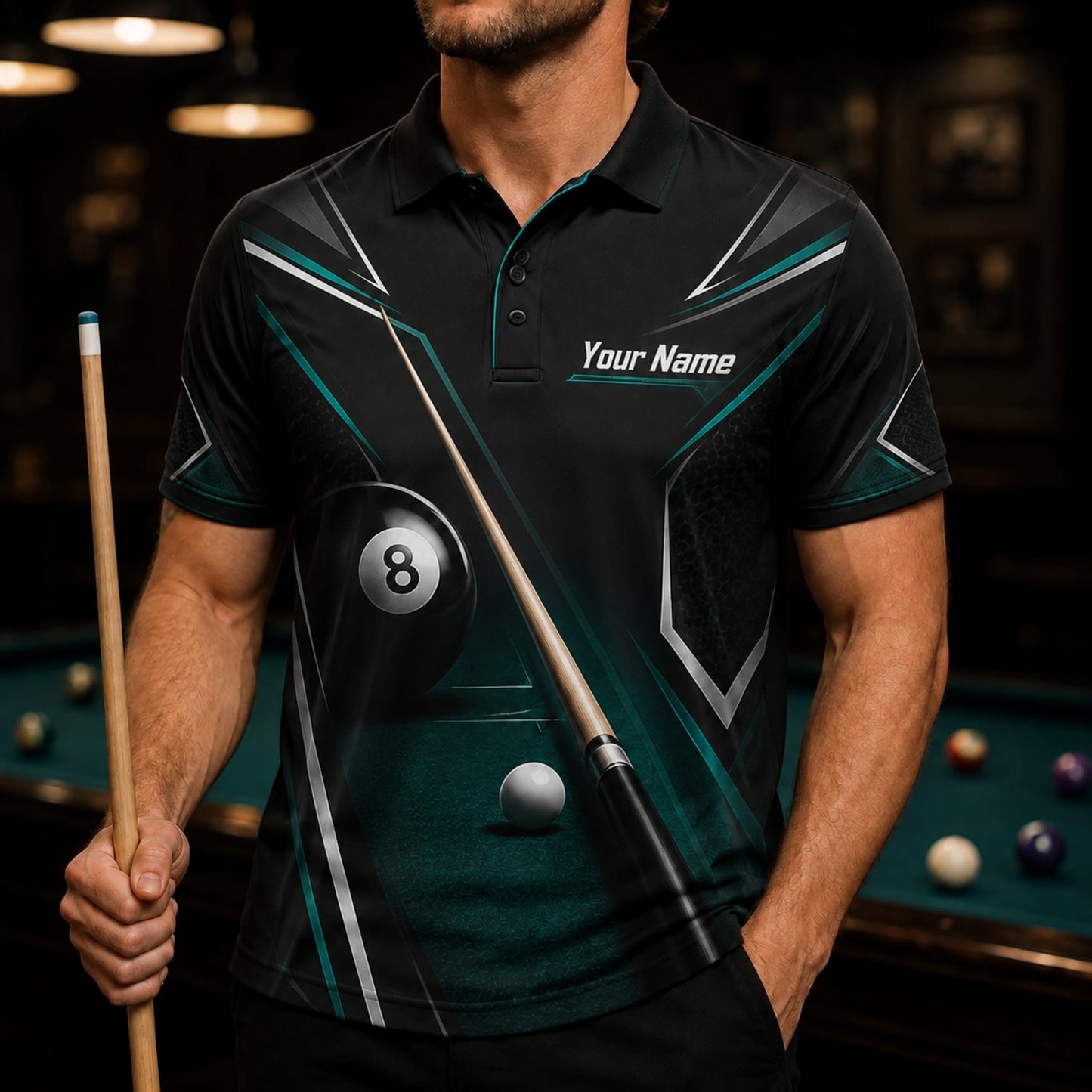 Billiards Cue 8 Ball Graphic Custom Billiard Polo Shirt Front View