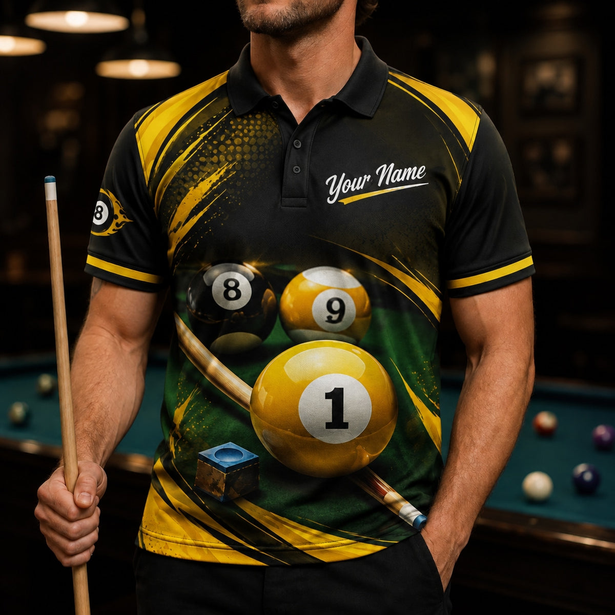 Billiards Cue And Balls Sport Personalized Billiard Polo Shirt Front View