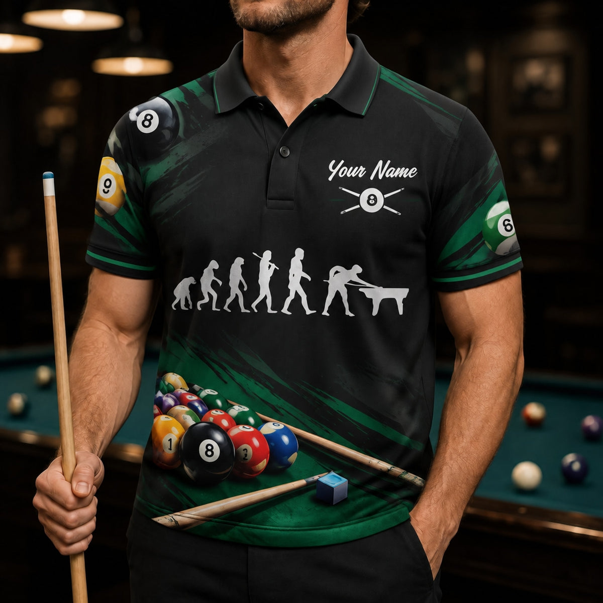 Billiards Evolution 8 Ball Sport Personalized Billiard Polo Shirt Front View