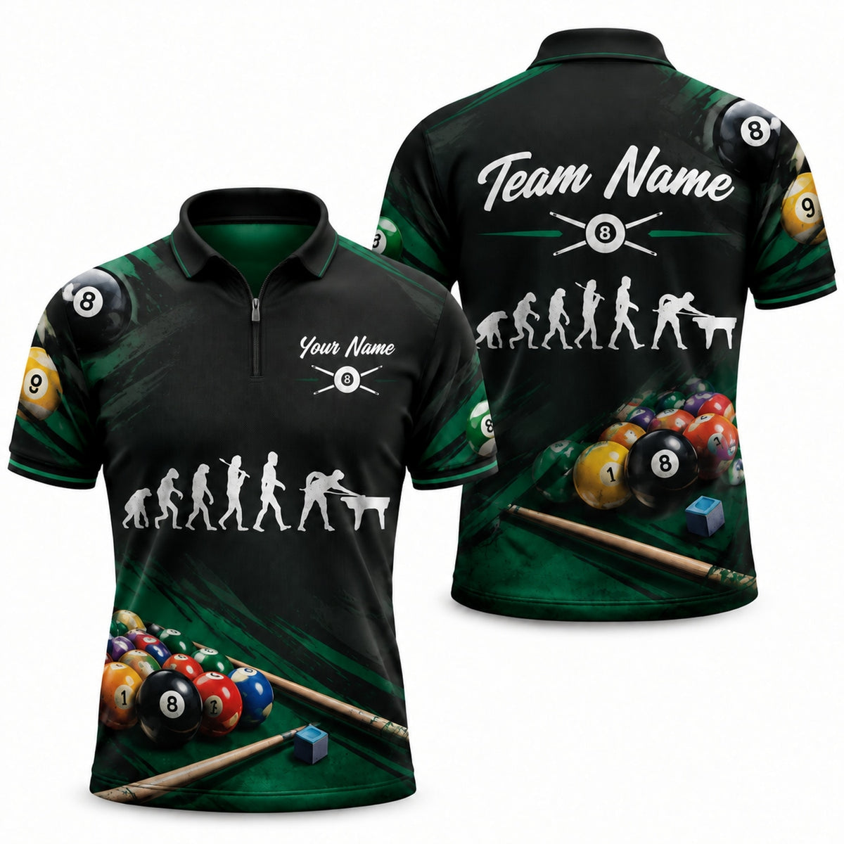 Billiards Evolution 8 Ball Sport Personalized Billiard Polo Shirt Jersey Zip 1 4 Collar