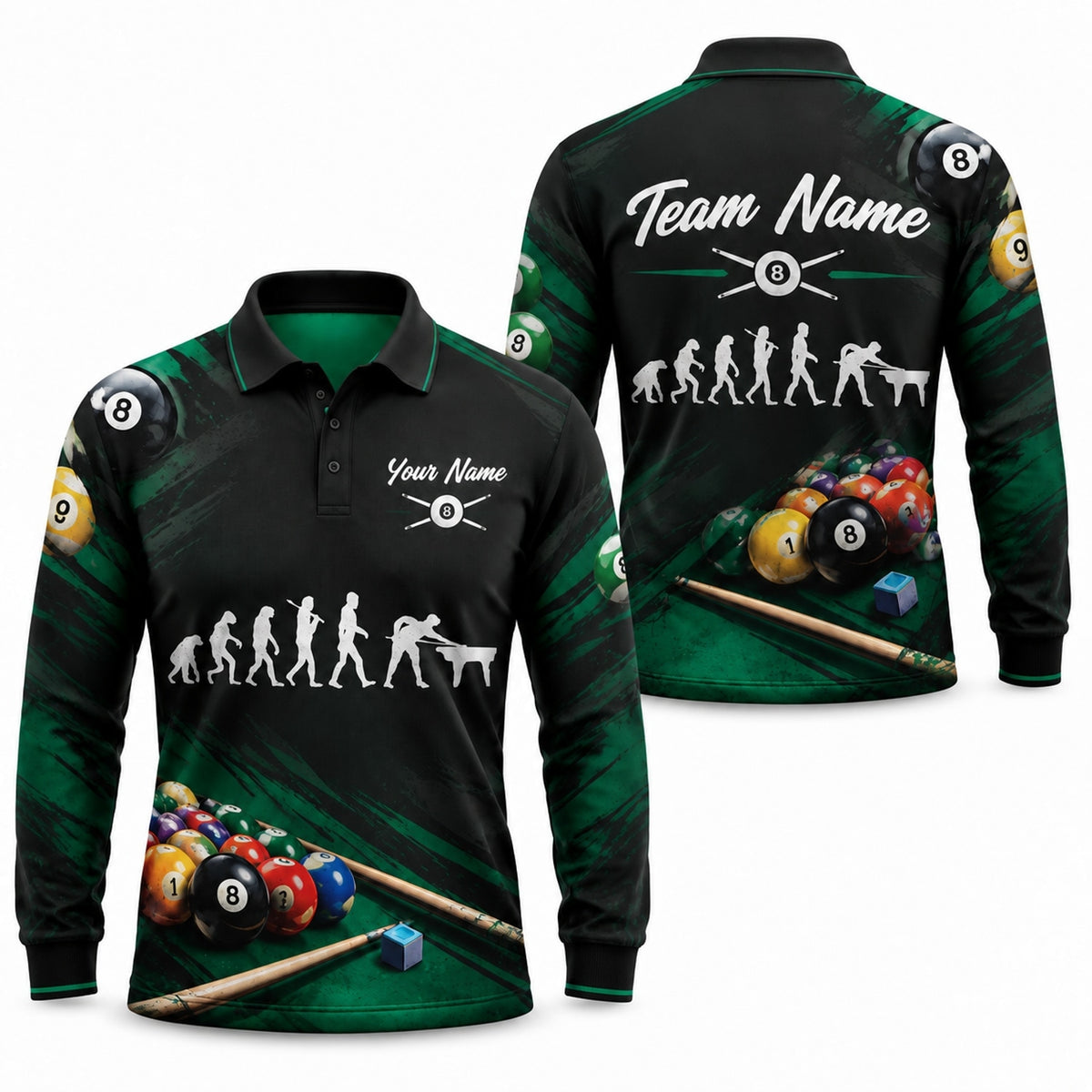 Billiards Evolution 8 Ball Sport Personalized Billiard Polo Shirt Long Sleeve Polo