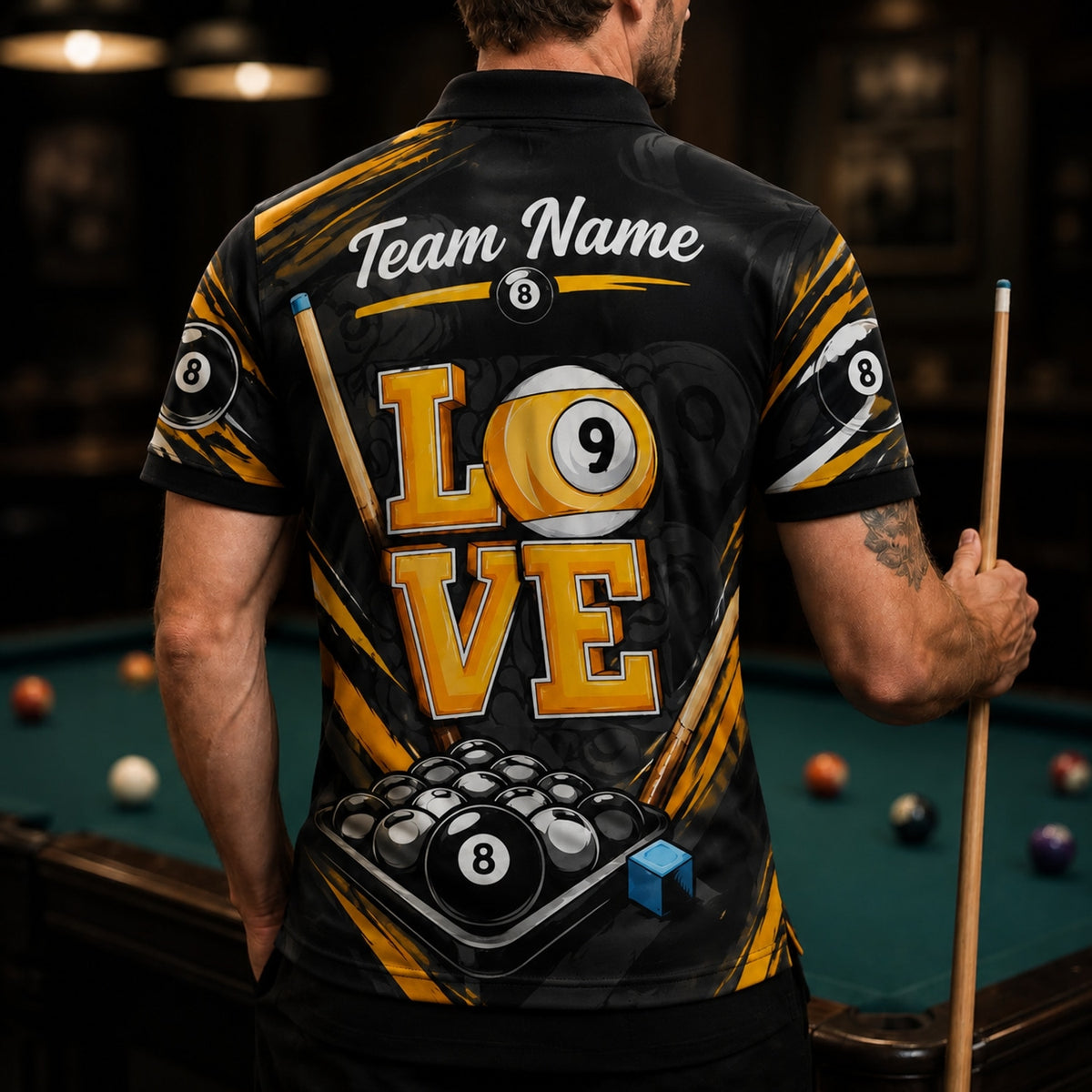 Billiards Love 9 Ball Graphic Custom Billiard Polo Shirt Back View