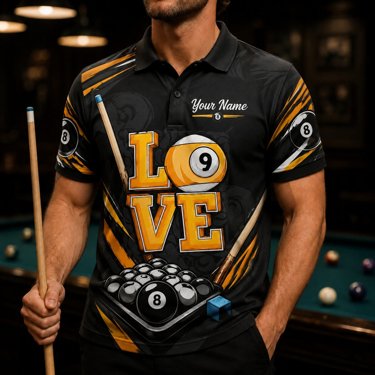 Billiards Love 9 Ball Graphic Custom Billiard Polo Shirt Front View
