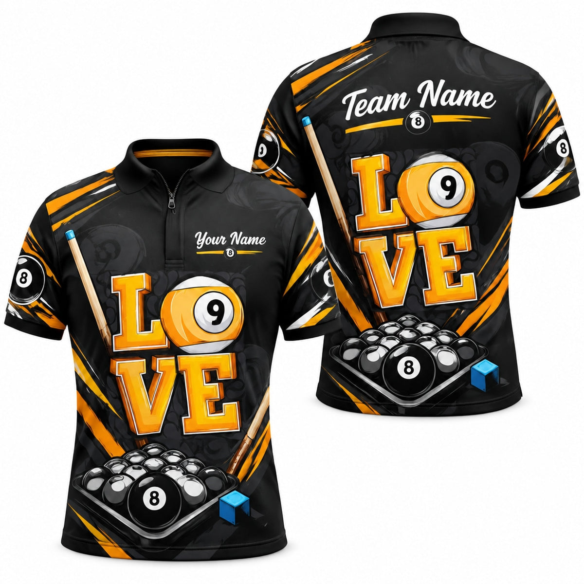Billiards Love 9 Ball Graphic Custom Billiard Polo Shirt Jersey Zip 1 4 Collar