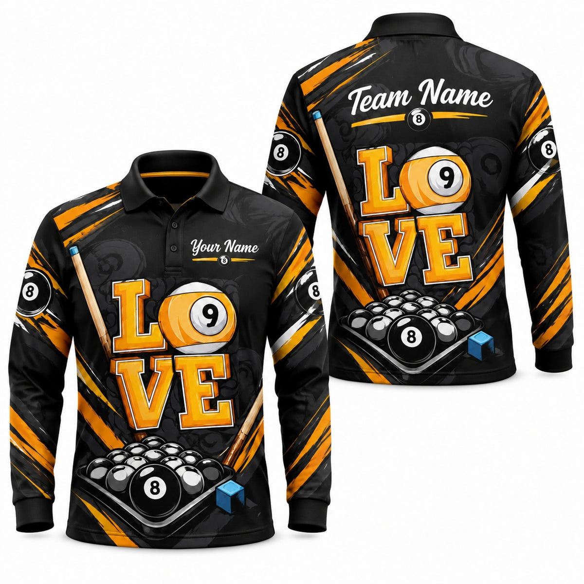 Billiards Love 9 Ball Graphic Custom Billiard Polo Shirt Long Sleeve Polo