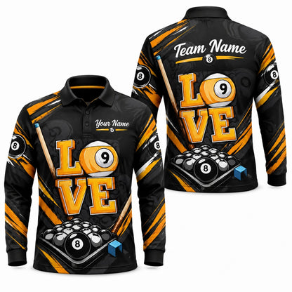 Billiards Love 9 Ball Graphic Custom Billiard Polo Shirt Long Sleeve Polo