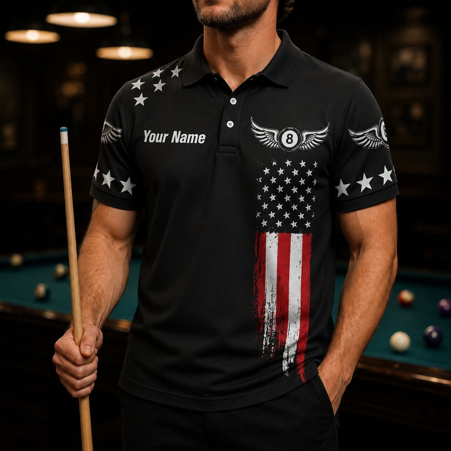 Billiards Team Name Graphic Custom Billiard Polo Shirt Front View