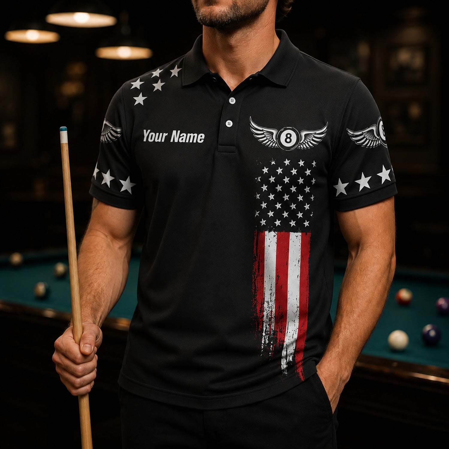Billiards Team Name Graphic Custom Billiard Polo Shirt Front View