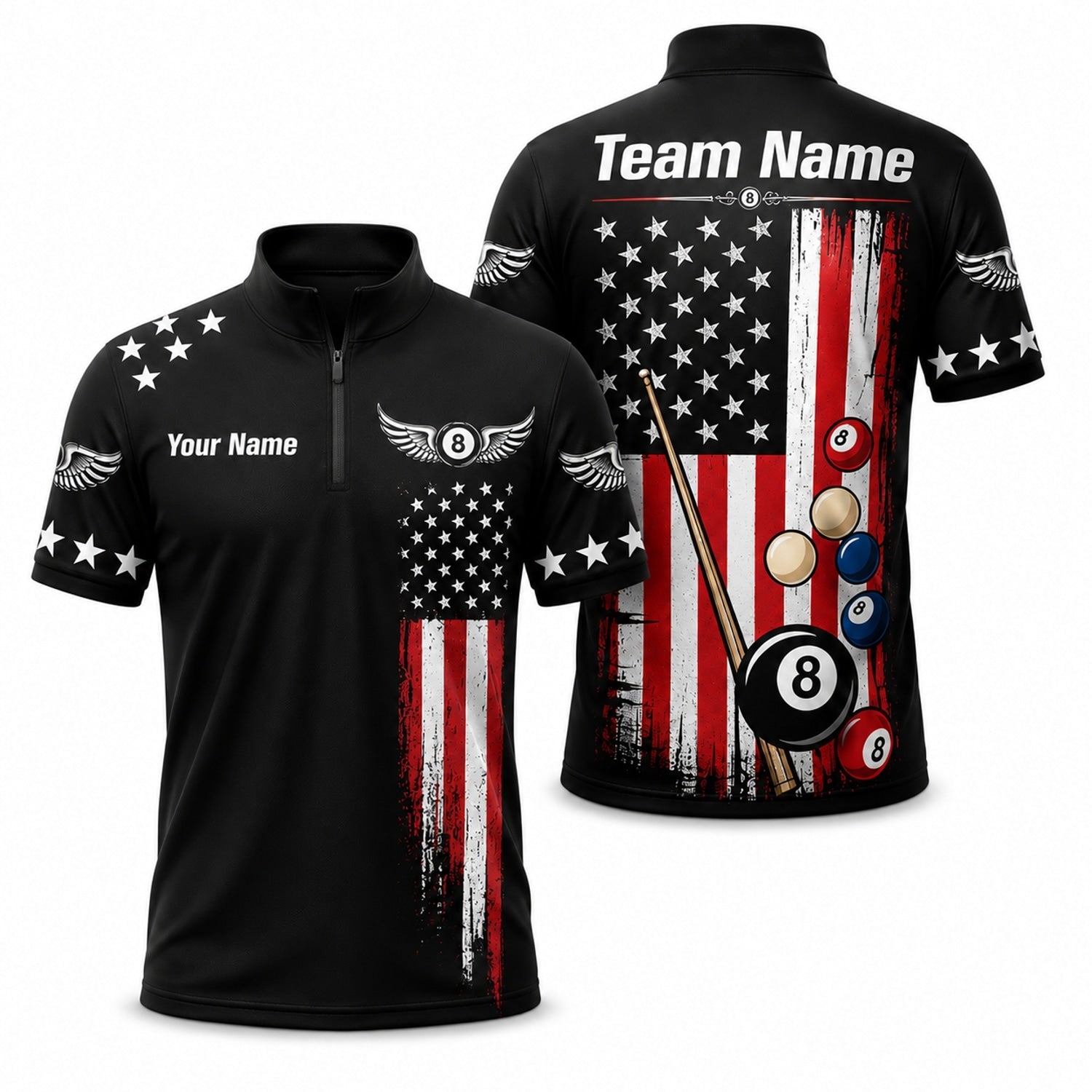 Billiards Team Name Graphic Custom Billiard Polo Shirt Jersey Zip 1 4 Collar