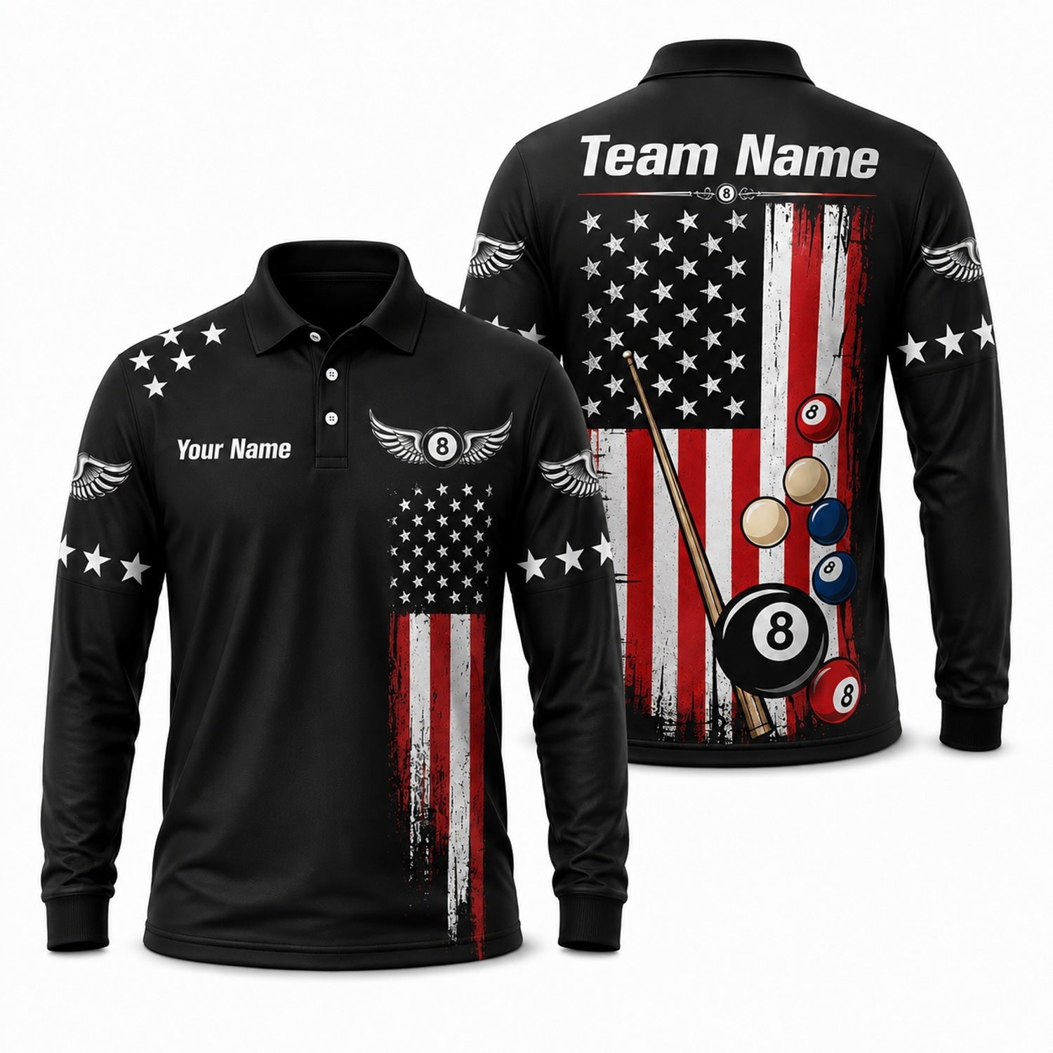 Billiards Team Name Graphic Custom Billiard Polo Shirt Long Sleeve Polo