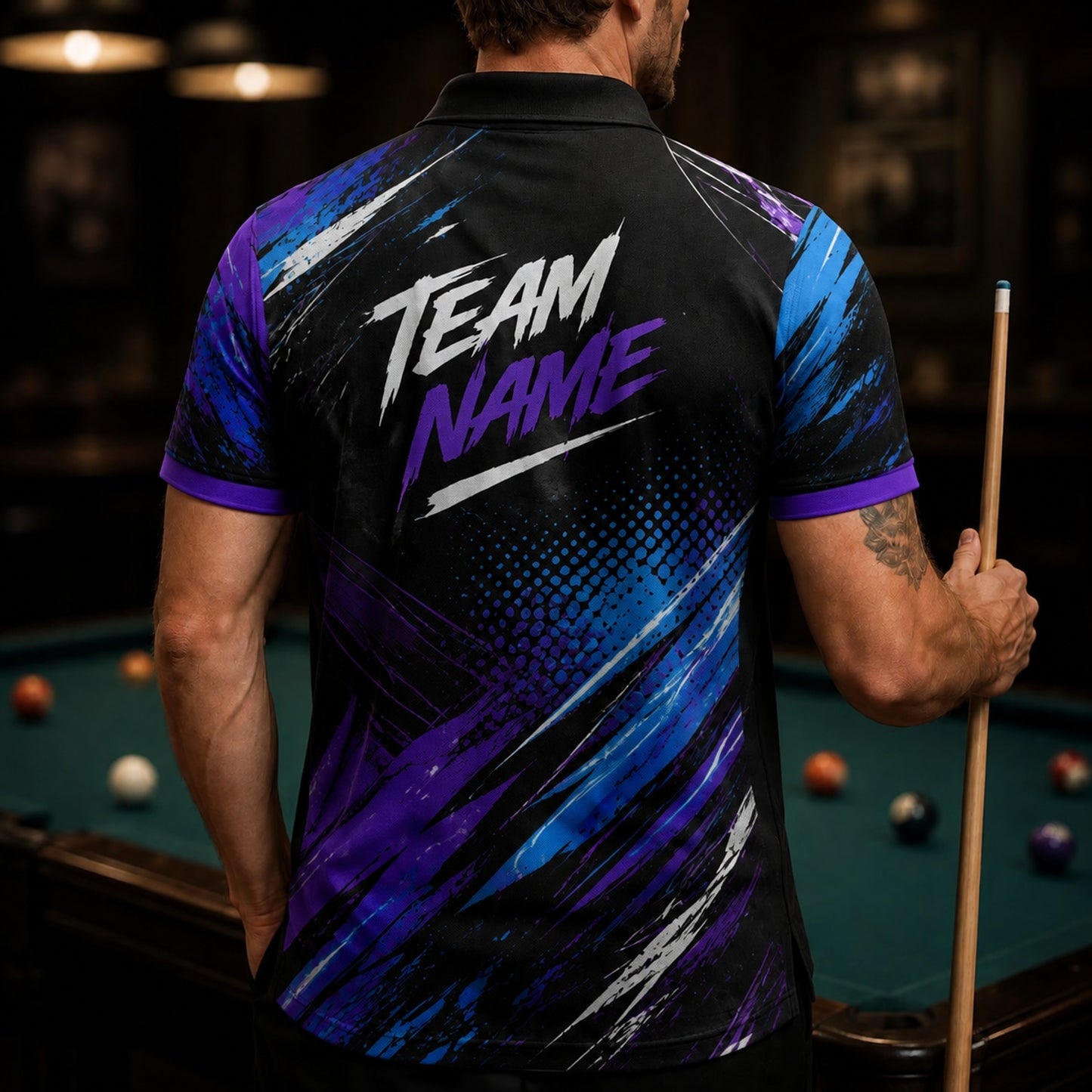 Billiards Team Name Modern Personalized Billiard Polo Shirt Back View