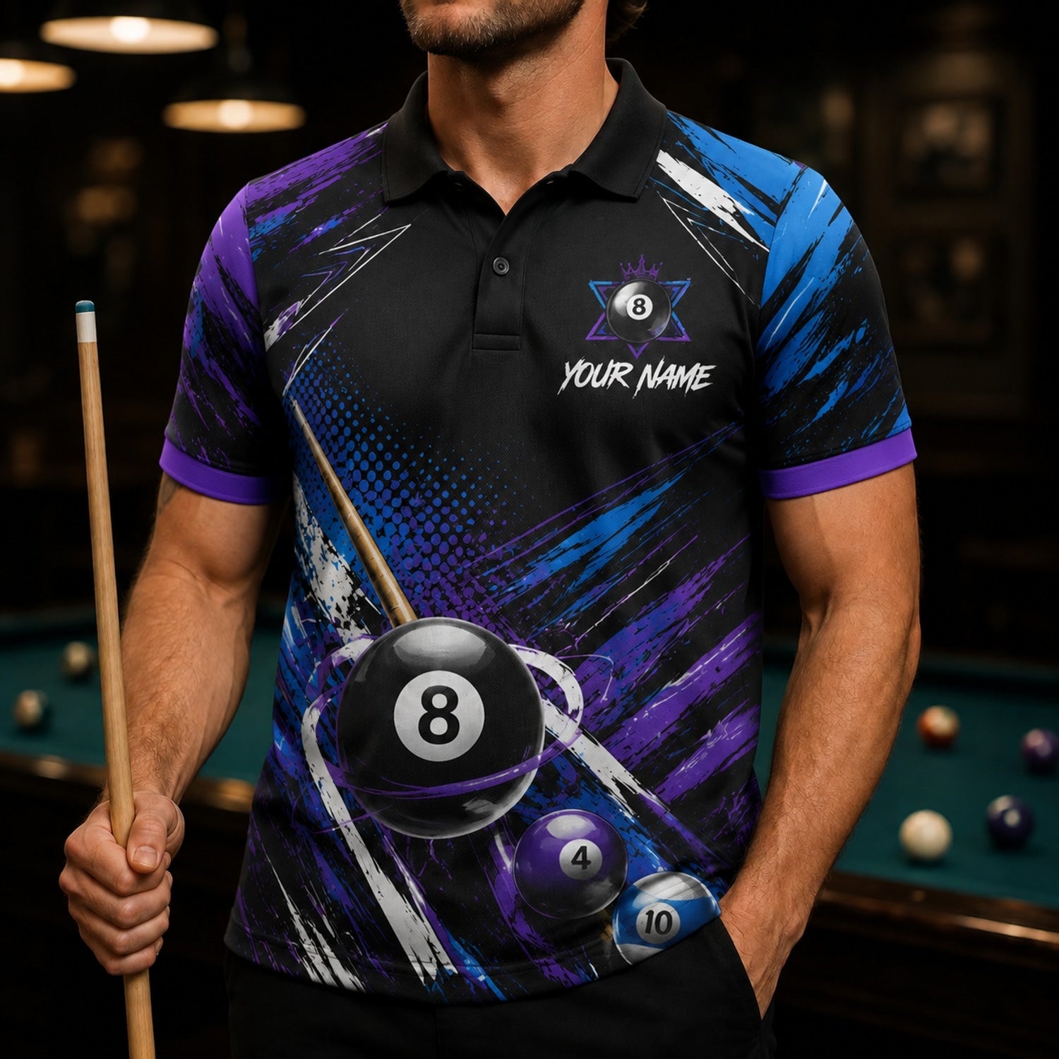 Billiards Team Name Modern Personalized Billiard Polo Shirt Front View